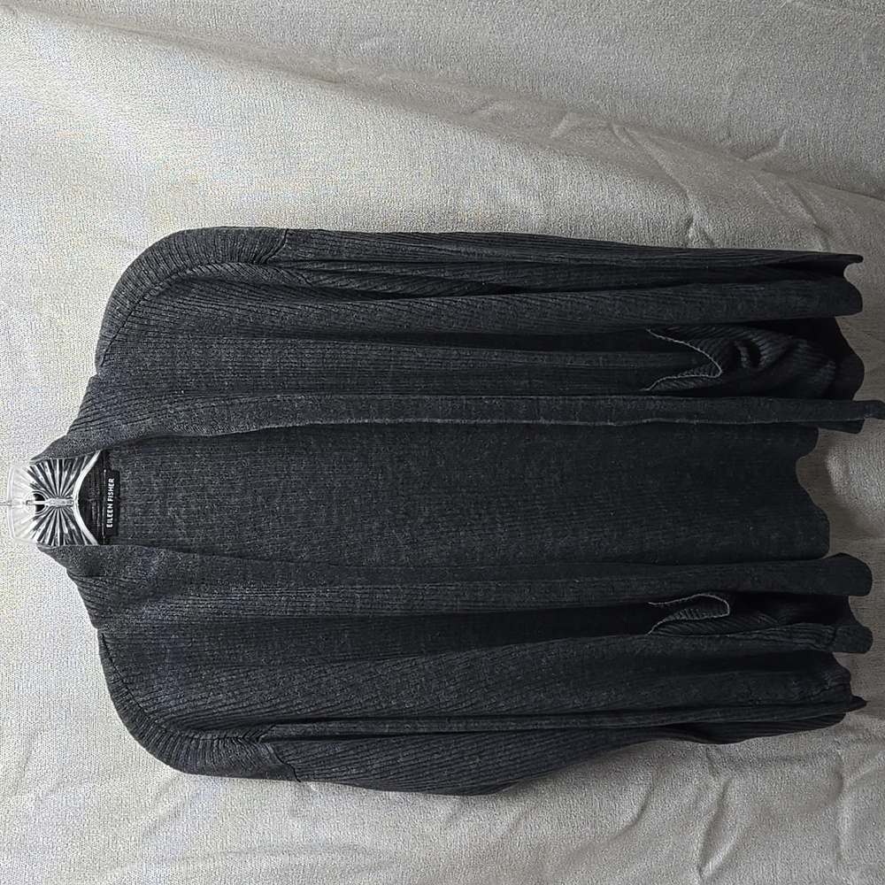Eileen Fisher, Cardigan, Dark Gray, Grey, Open-Front, Ribbed Cardigan, Pockets